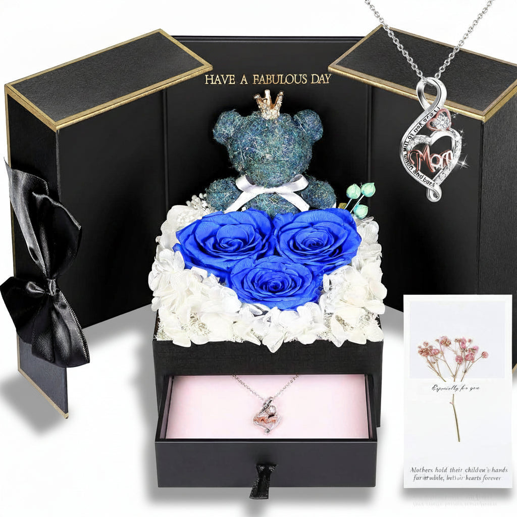 Gift Box with a Preserved Rose, Heart Bear, and Hidden Necklace