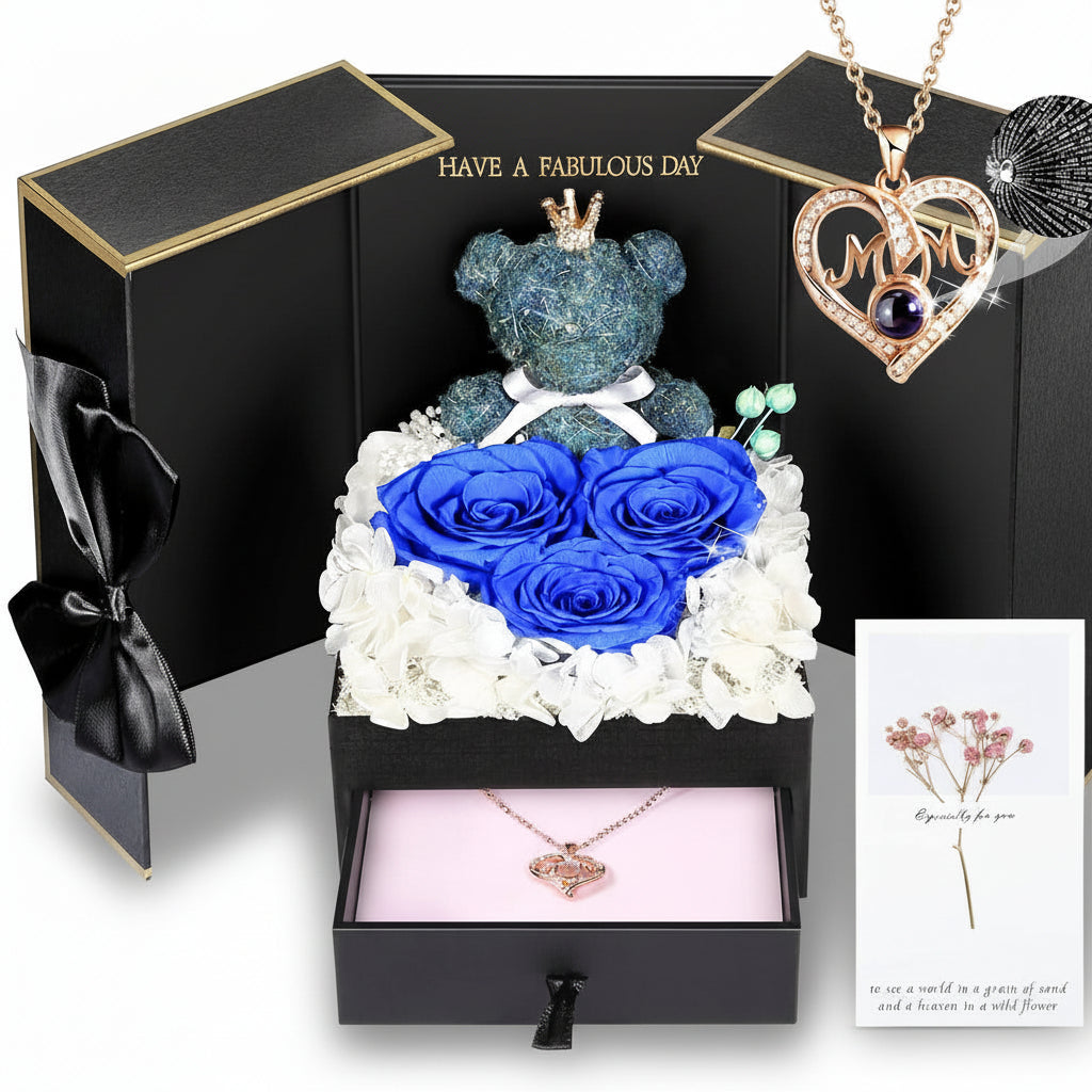 Gift Box with a Preserved Rose, Heart Bear, and Hidden Necklace