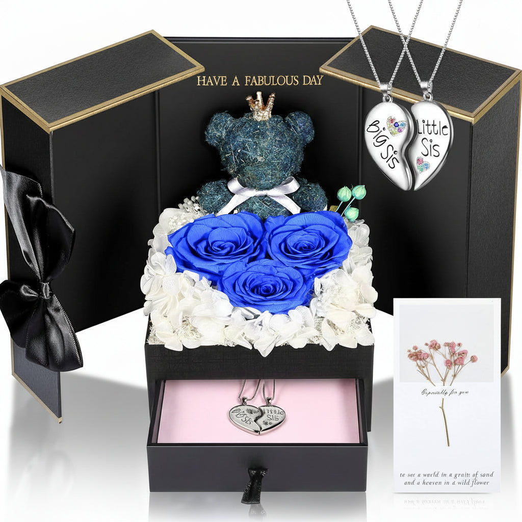 Gift Box with a Preserved Rose, Heart Bear, and Hidden Necklace