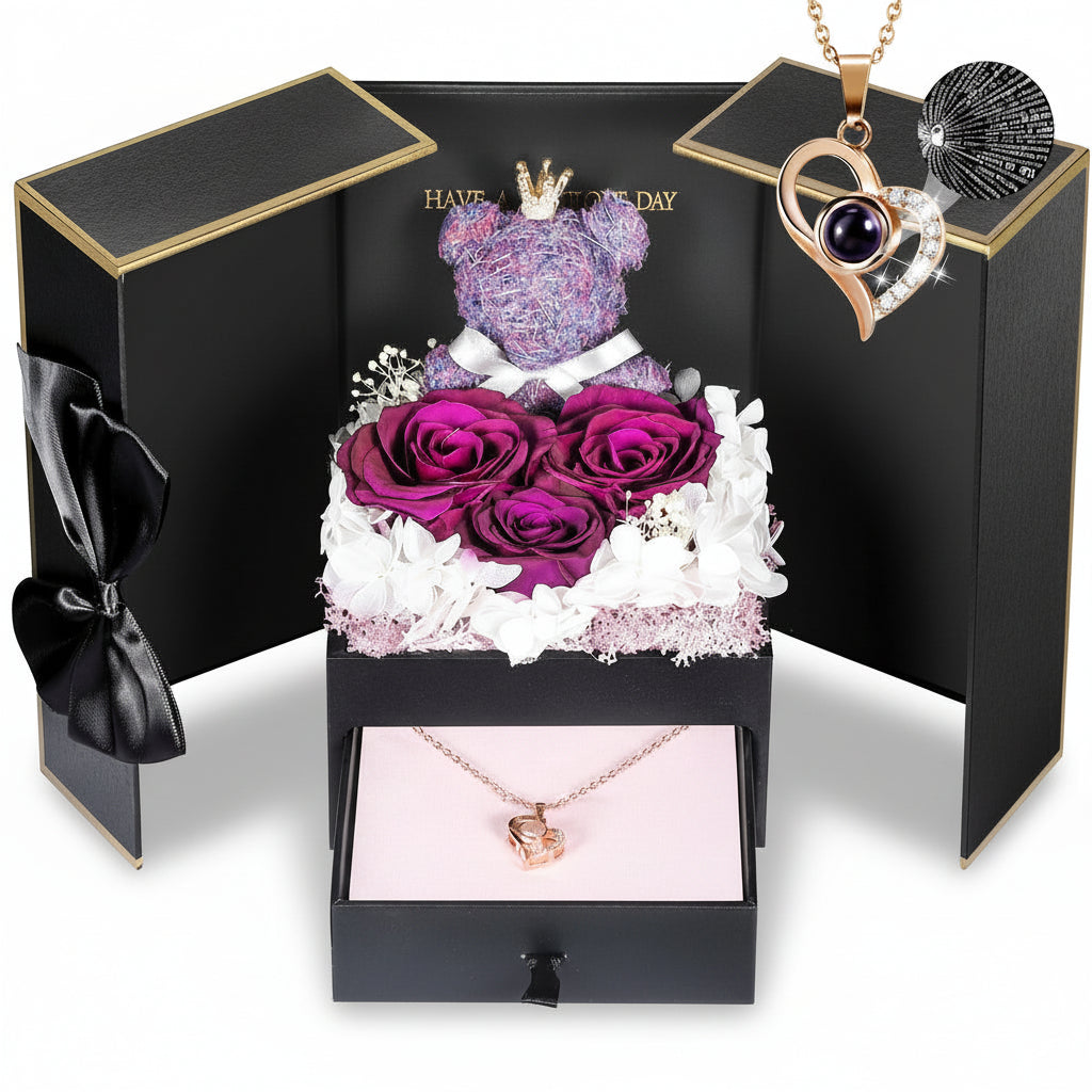 Gift Box with a Preserved Rose, Heart Bear, and Hidden Necklace