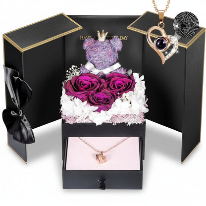 Gift Box with a Preserved Rose, Heart Bear, and Hidden Necklace