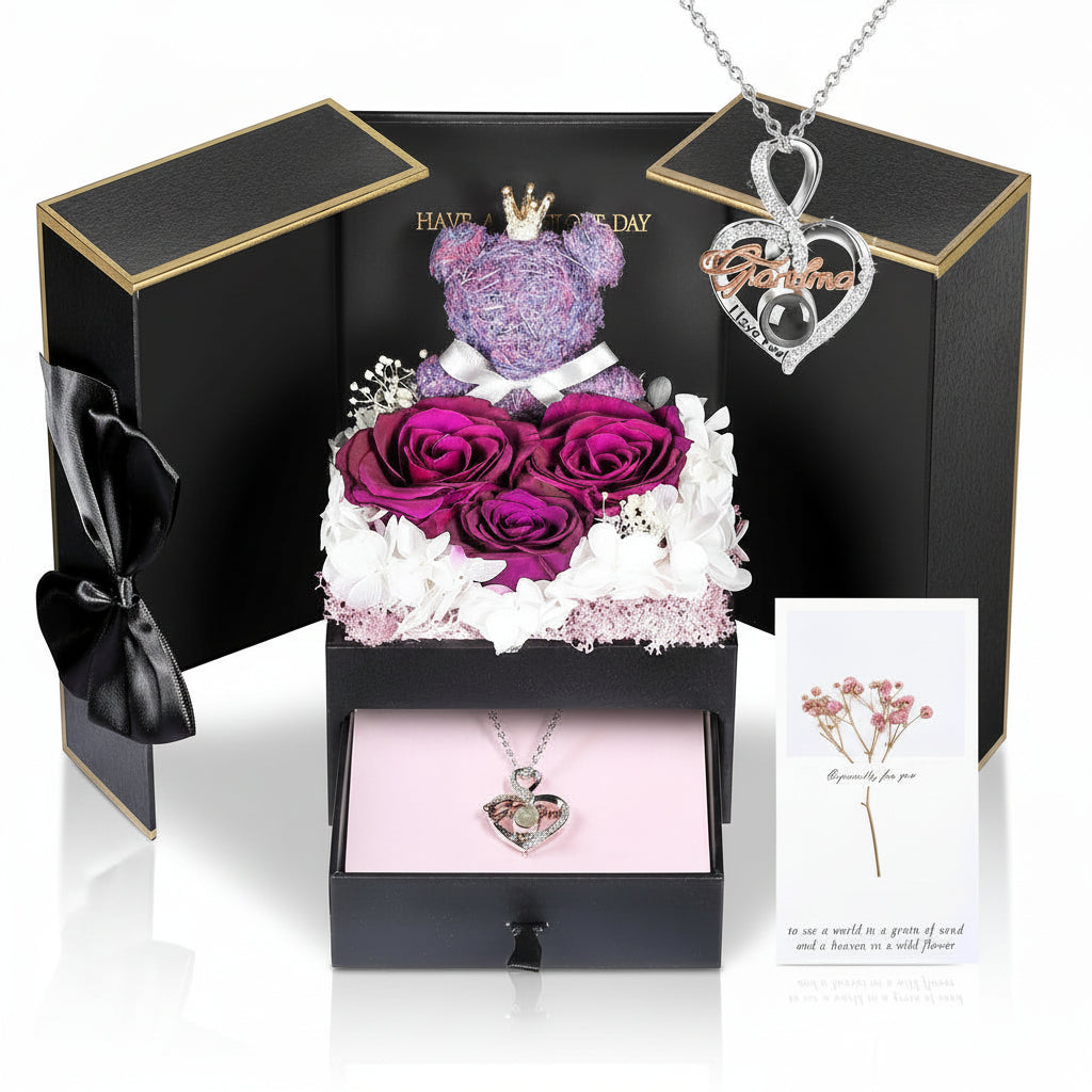 Gift Box with a Preserved Rose, Heart Bear, and Hidden Necklace