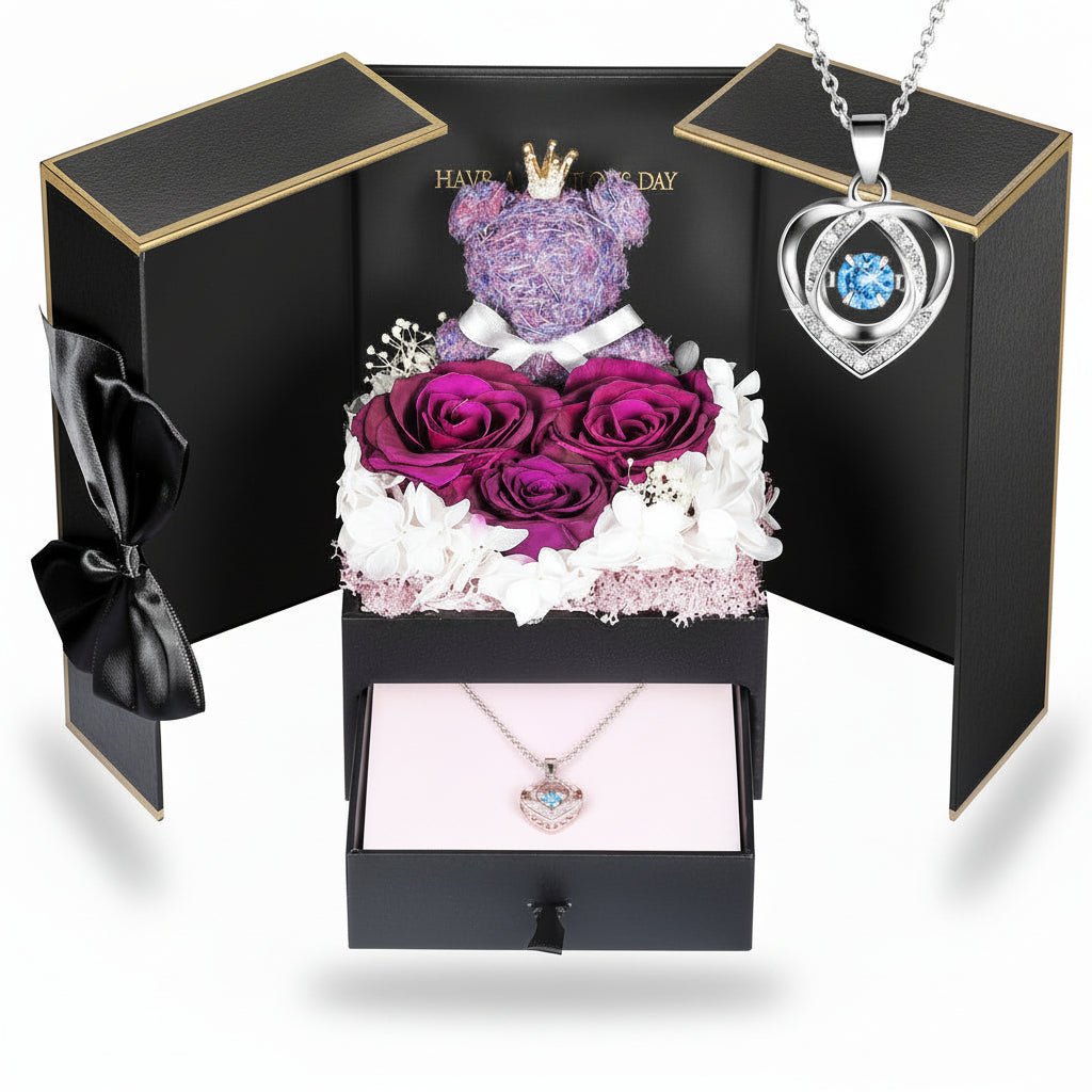 Gift Box with a Preserved Rose, Heart Bear, and Hidden Necklace