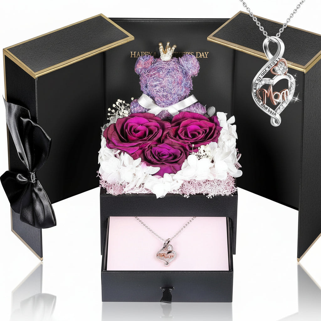 Gift Box with a Preserved Rose, Heart Bear, and Hidden Necklace