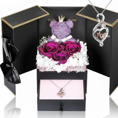 Gift Box with a Preserved Rose, Heart Bear, and Hidden Necklace