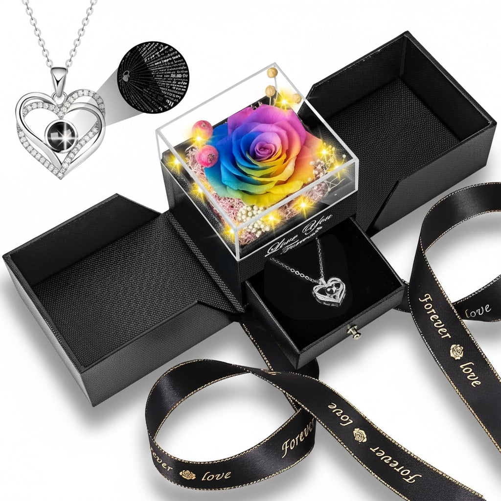 Enchanting Rose Gift Box: Preserved Eternal Flower, LED Light, and Love Necklace