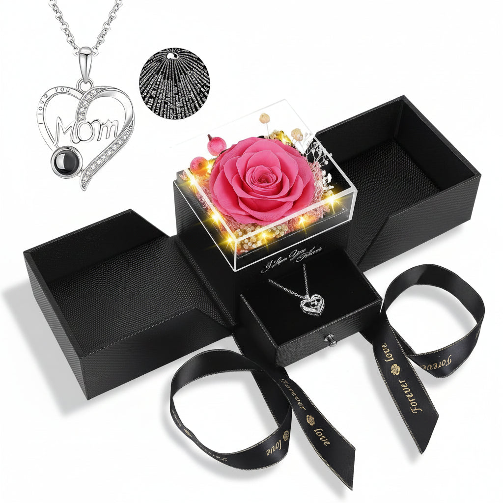 Enchanting Rose Gift Box: Preserved Eternal Flower, LED Light, and Love Necklace