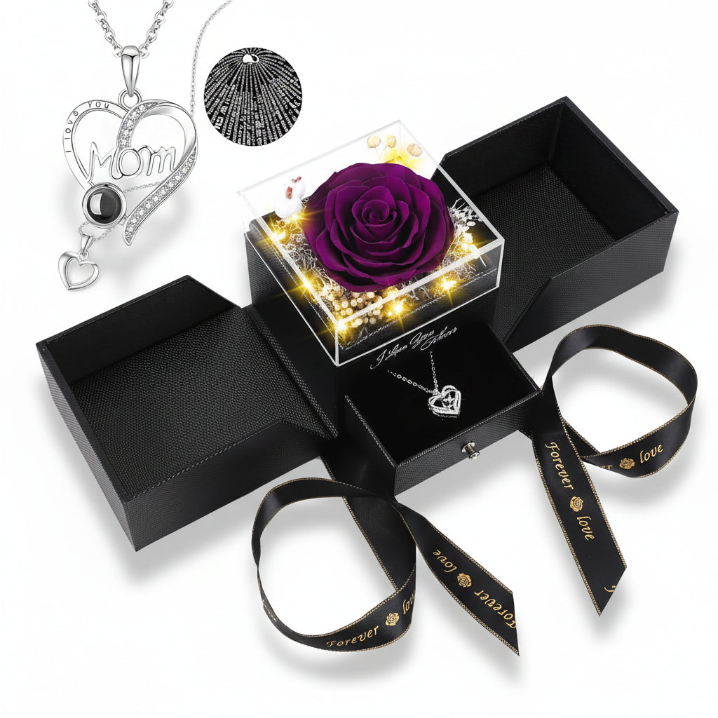 Enchanting Rose Gift Box: Preserved Eternal Flower, LED Light, and Love Necklace