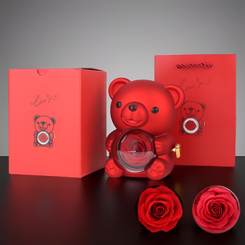 Elegant Gift Box with Teddy Bear, Preserved Rose & Jewelry Display – Perfect Keepsake