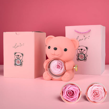 Elegant Gift Box with Teddy Bear, Preserved Rose & Jewelry Display – Perfect Keepsake