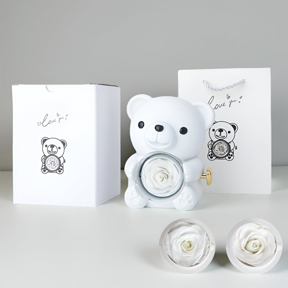 Elegant Gift Box with Teddy Bear, Preserved Rose & Jewelry Display – Perfect Keepsake