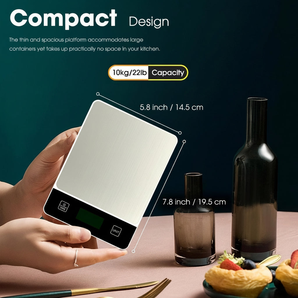Digital Kitchen Scale – Stainless Steel, 22 lb Capacity for Precise Food Measurement