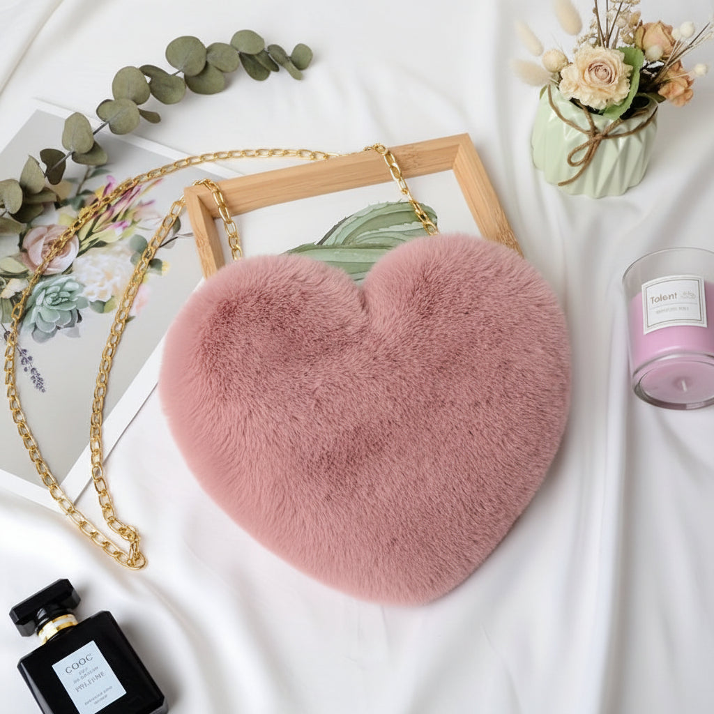 Chic Faux Fur Heart Crossbody Shoulder Bag with Chain Strap