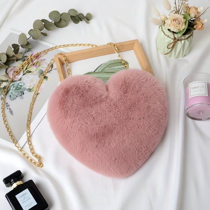 Chic Faux Fur Heart Crossbody Shoulder Bag with Chain Strap