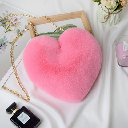Chic Faux Fur Heart Crossbody Shoulder Bag with Chain Strap