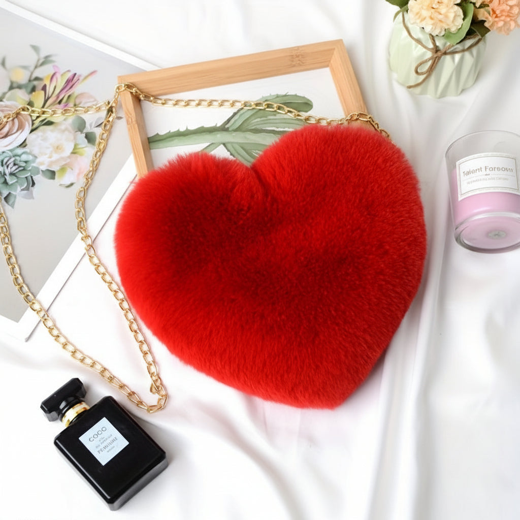 Chic Faux Fur Heart Crossbody Shoulder Bag with Chain Strap