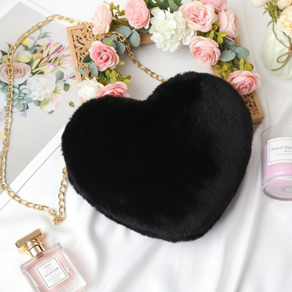 Chic Faux Fur Heart Crossbody Shoulder Bag with Chain Strap