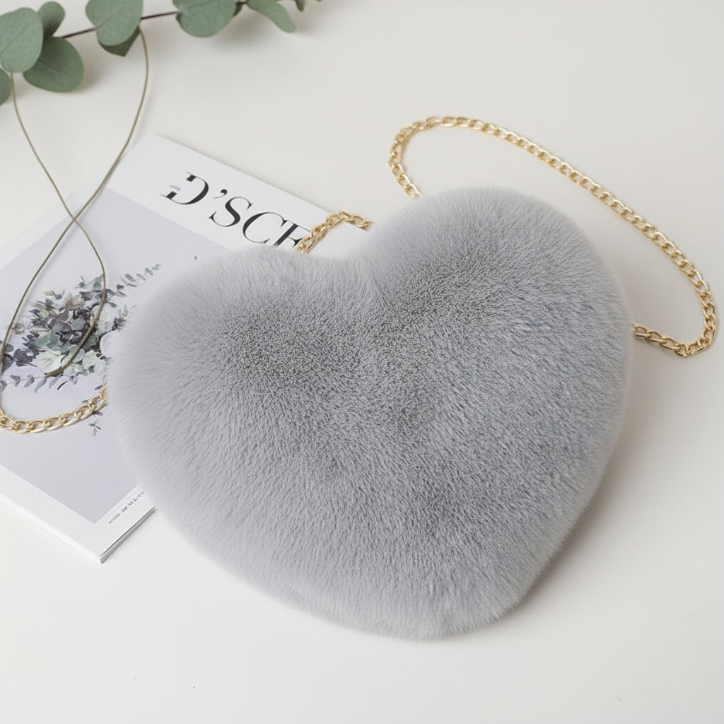Chic Faux Fur Heart Crossbody Shoulder Bag with Chain Strap