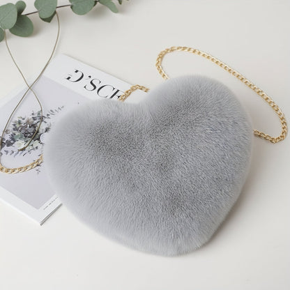 Chic Faux Fur Heart Crossbody Shoulder Bag with Chain Strap