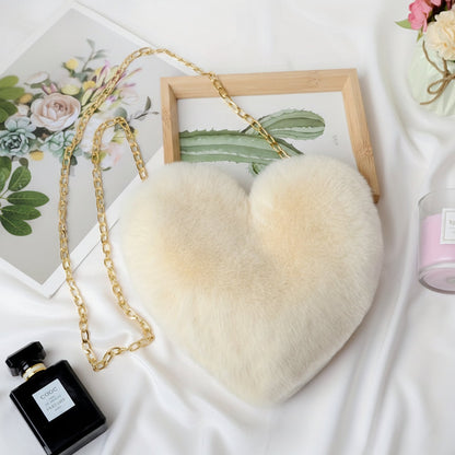 Chic Faux Fur Heart Crossbody Shoulder Bag with Chain Strap