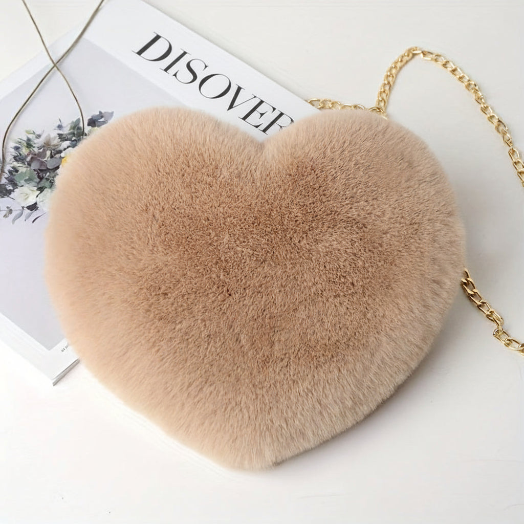 Chic Faux Fur Heart Crossbody Shoulder Bag with Chain Strap