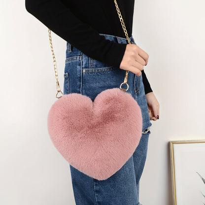 Chic Faux Fur Heart Crossbody Shoulder Bag with Chain Strap