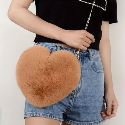 Chic Faux Fur Heart Crossbody Shoulder Bag with Chain Strap