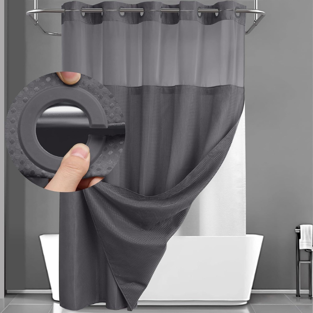 Geometric Waffle-Fabric Shower Curtain with Double-Layer Design – Modern Bath Set