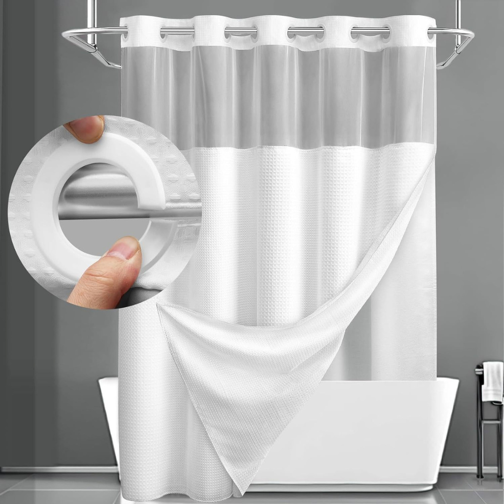 Geometric Waffle-Fabric Shower Curtain with Double-Layer Design – Modern Bath Set