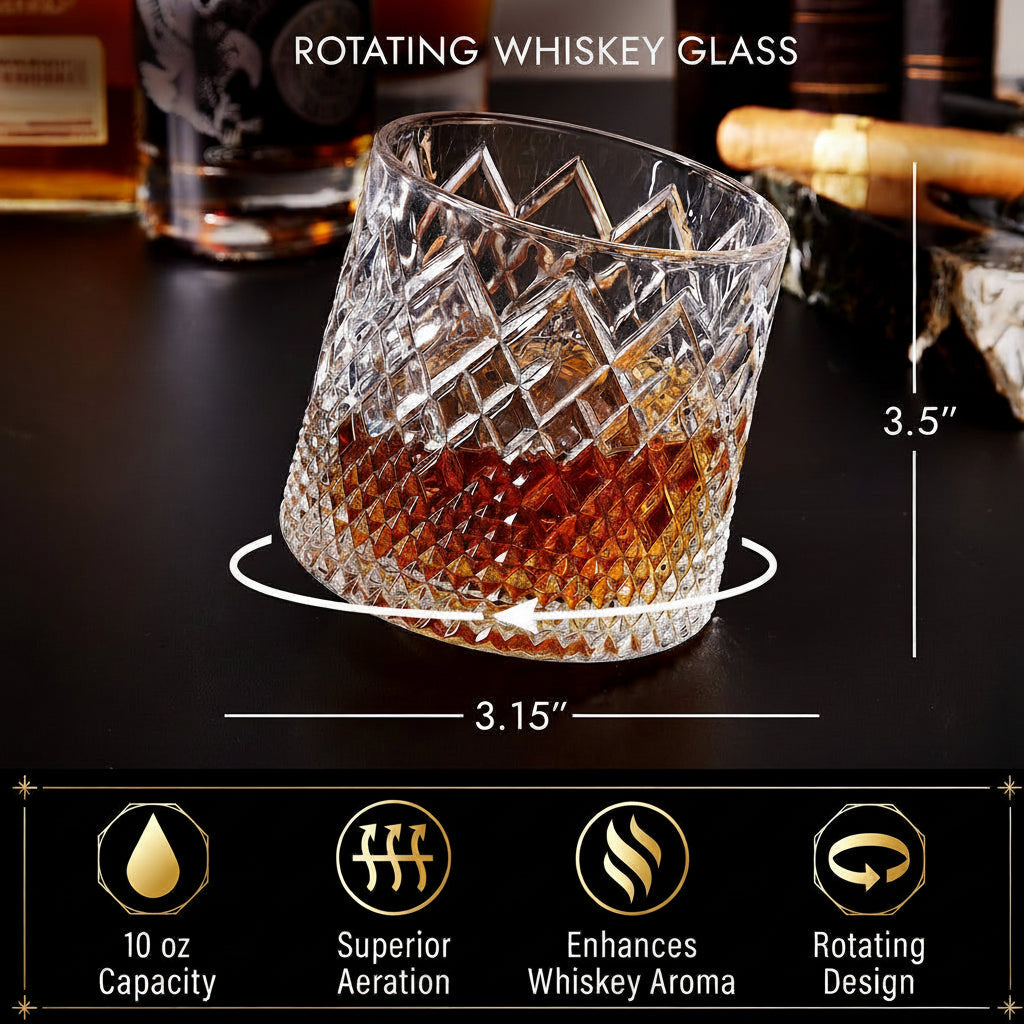 Aroma-Enhancing Rotating Crystal Whiskey Glass Tumbler