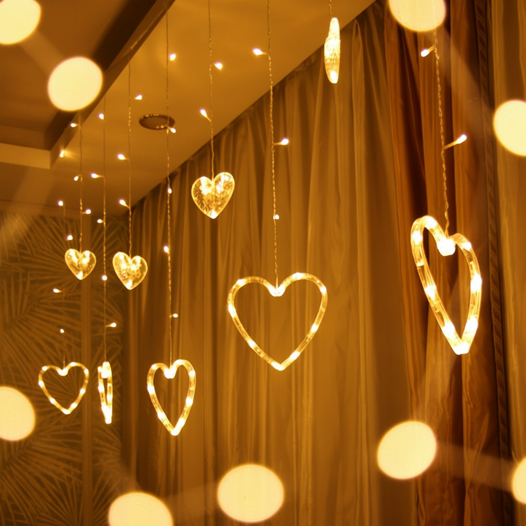 Heart-Shaped Warm LED String Lights for Window Decor