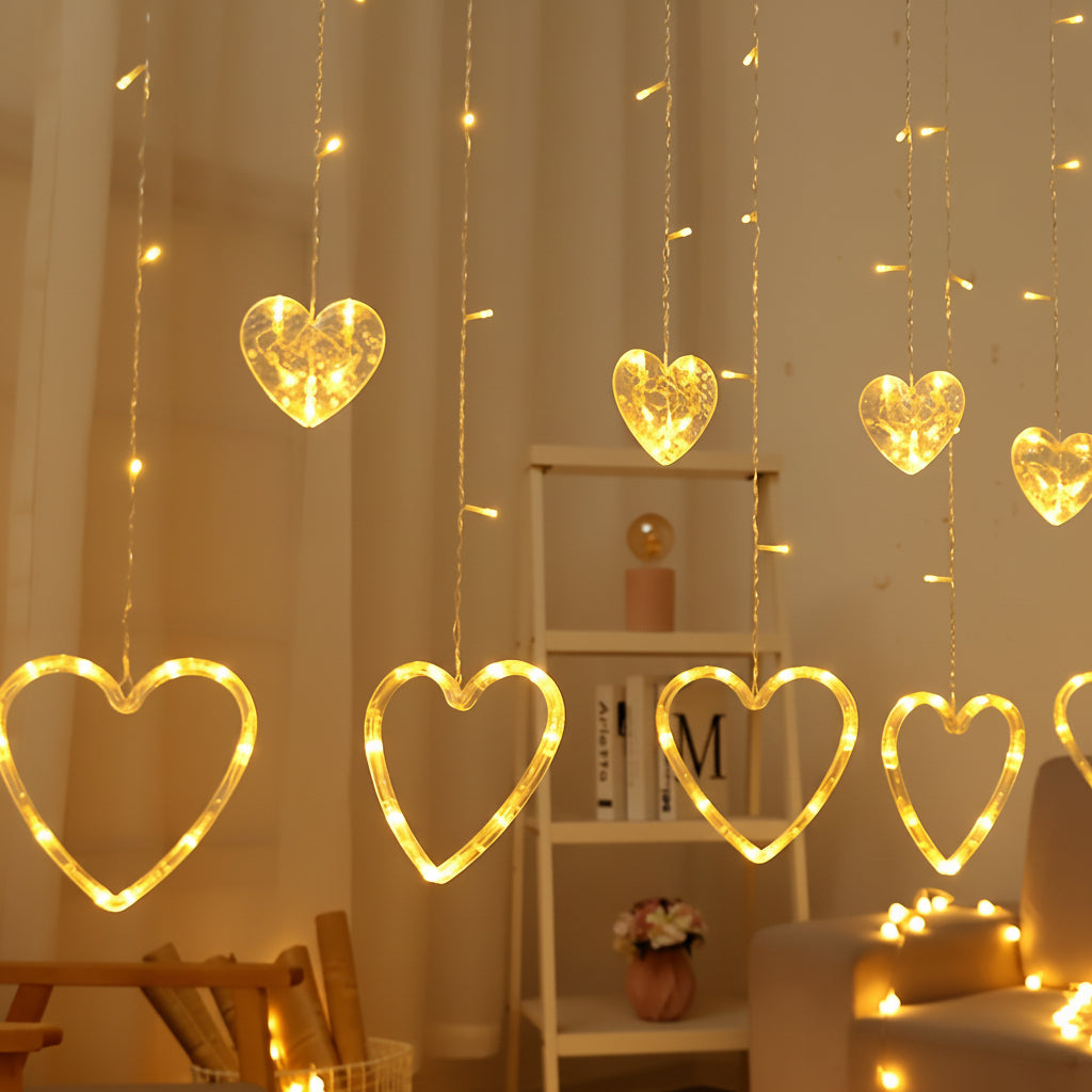 Heart-Shaped Warm LED String Lights for Window Decor