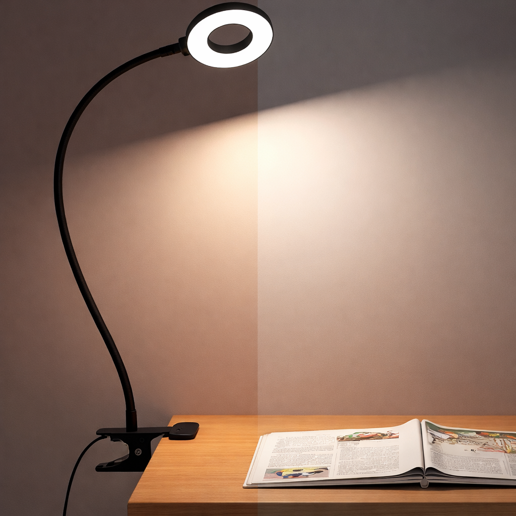Clip-On Desk Lamp with Flexible Neck — LED Reading Light with 3 Color Modes