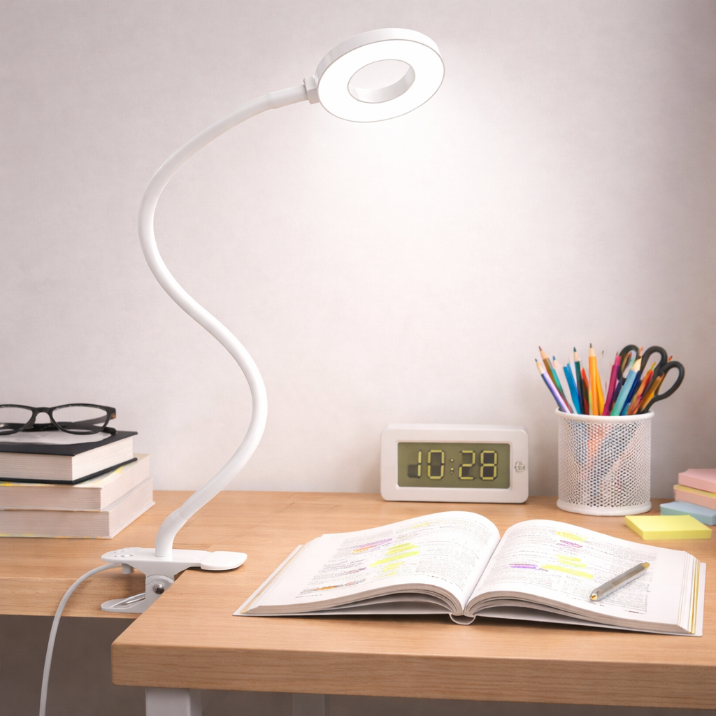 Clip-On Desk Lamp with Flexible Neck — LED Reading Light with 3 Color Modes