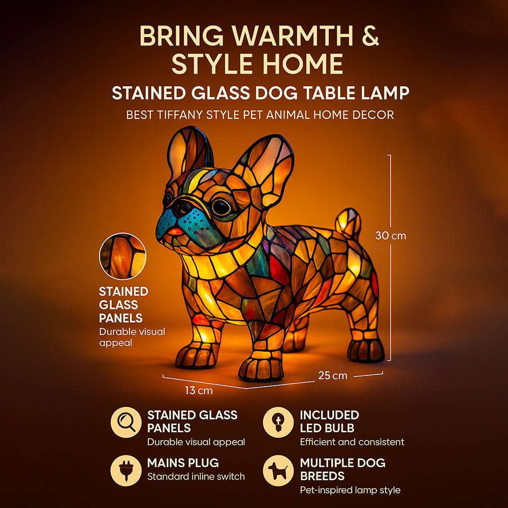 Colorful Stained-Glass Dog Table Lamp with LED Night Light for Bedroom