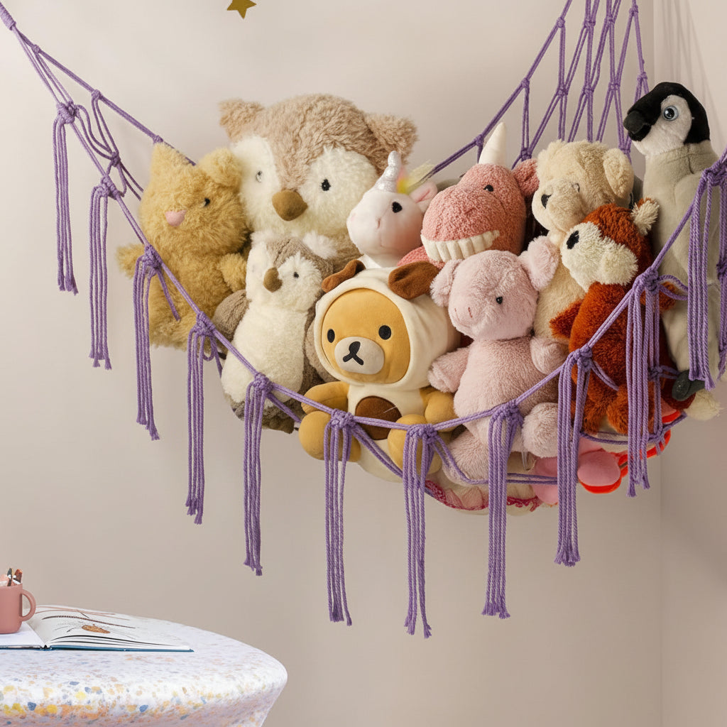 Hanging Toy Storage Hammock - Macrame Organizer for Plush Toys and Decor