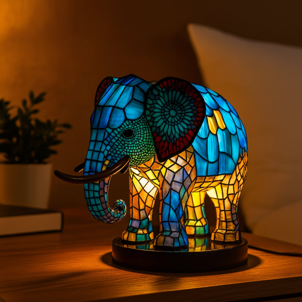 Animal-Inspired Stained Glass Style Table Lamp with LED Accent Light