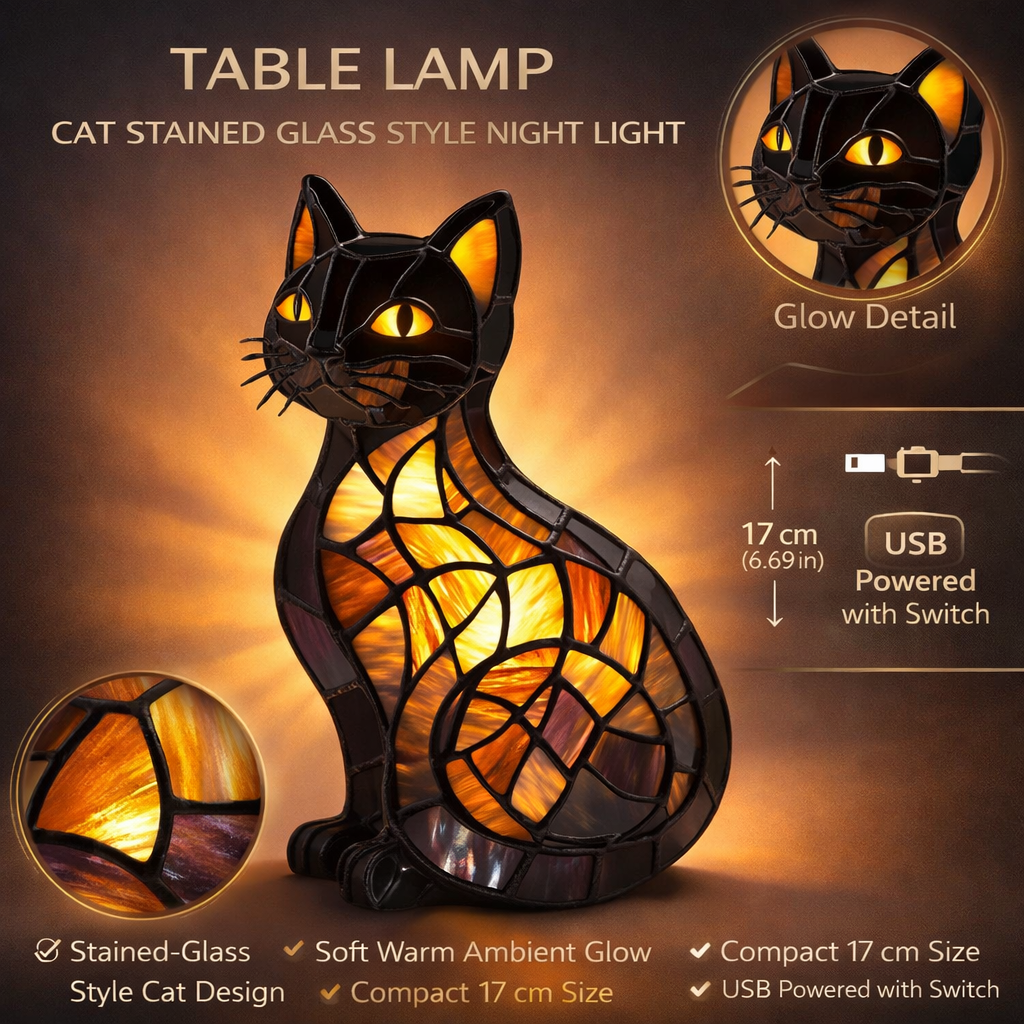 Cat-Inspired Stained Glass Table Lamp – Cozy Night Light