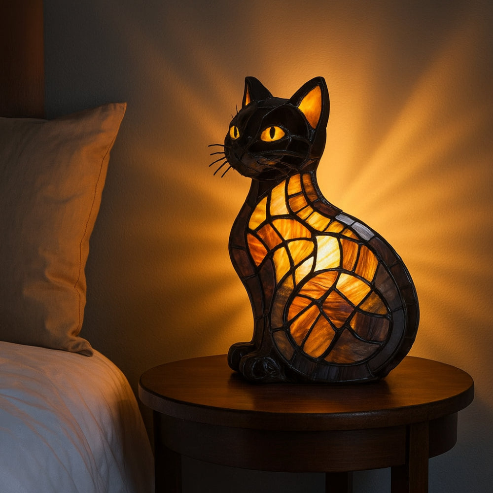 Cat-Inspired Stained Glass Table Lamp – Cozy Night Light