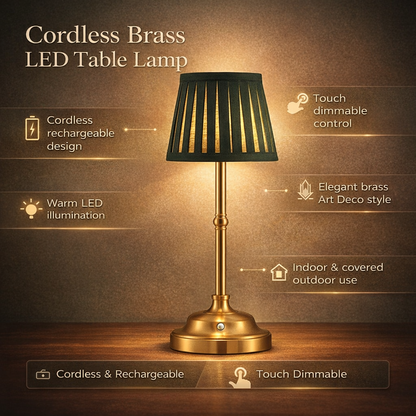 Brass Table Lamp - Cordless, Rechargeable LED with Touch-Activated Dimming