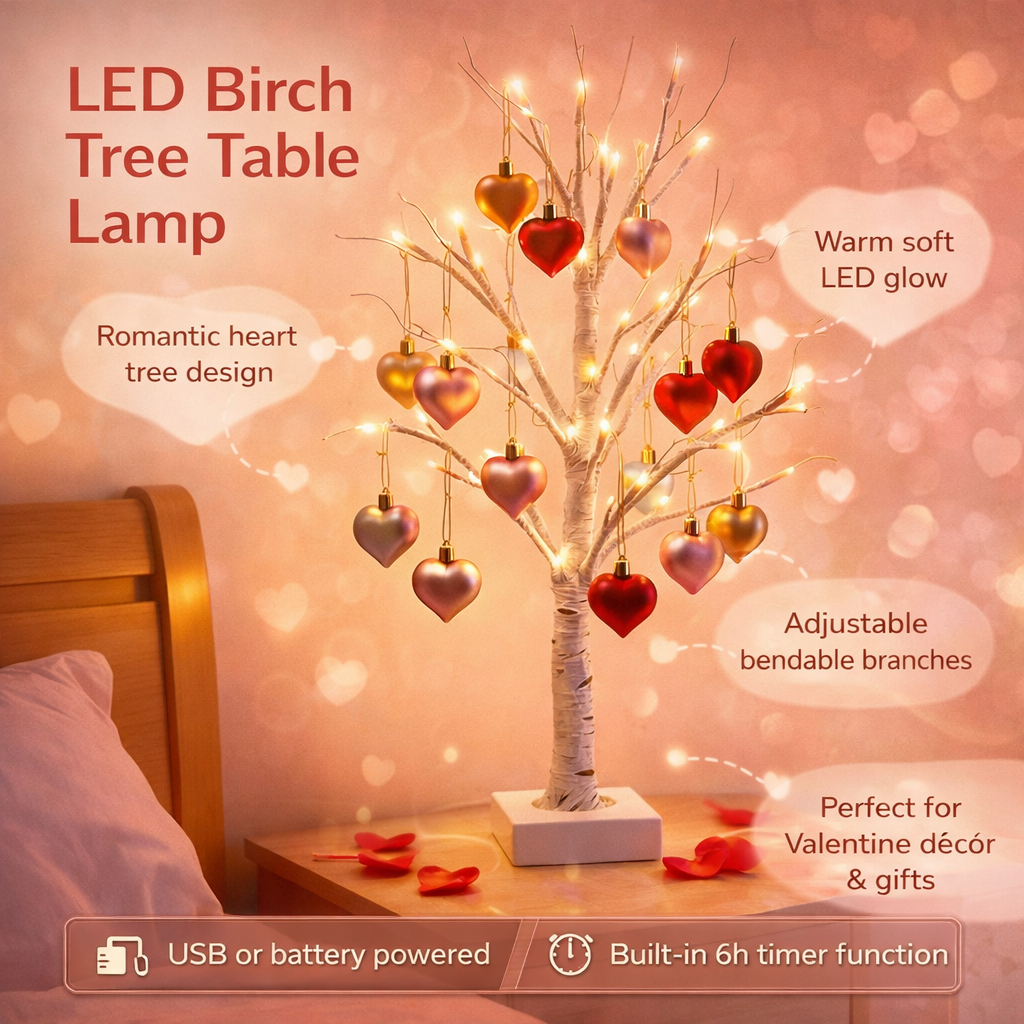 Birch Tree Heart LED Table Lamp - Valentine’s Day Home Decor