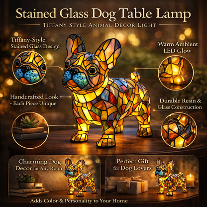 Colorful Stained-Glass Dog Table Lamp with LED Night Light