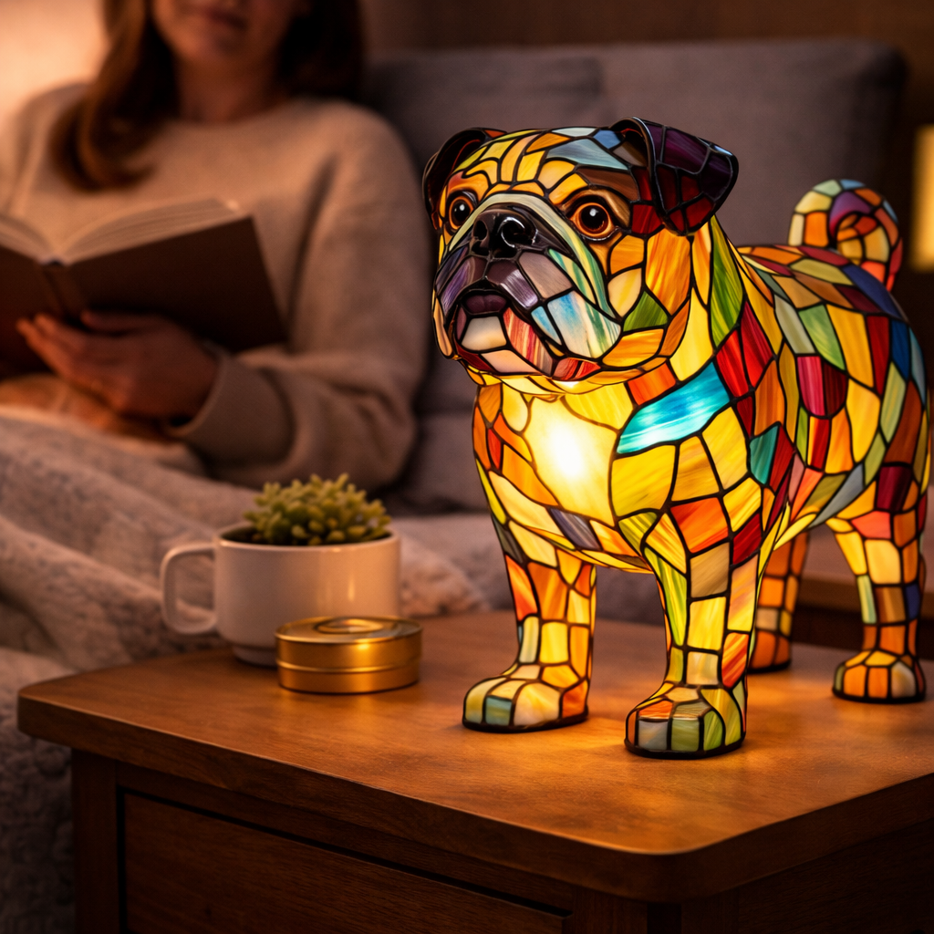 Colorful Stained-Glass Dog Table Lamp with LED Night Light