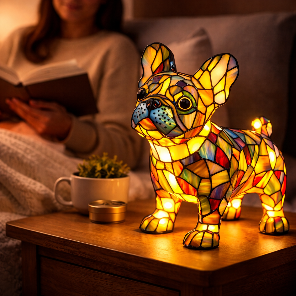 Colorful Stained-Glass Dog Table Lamp with LED Night Light