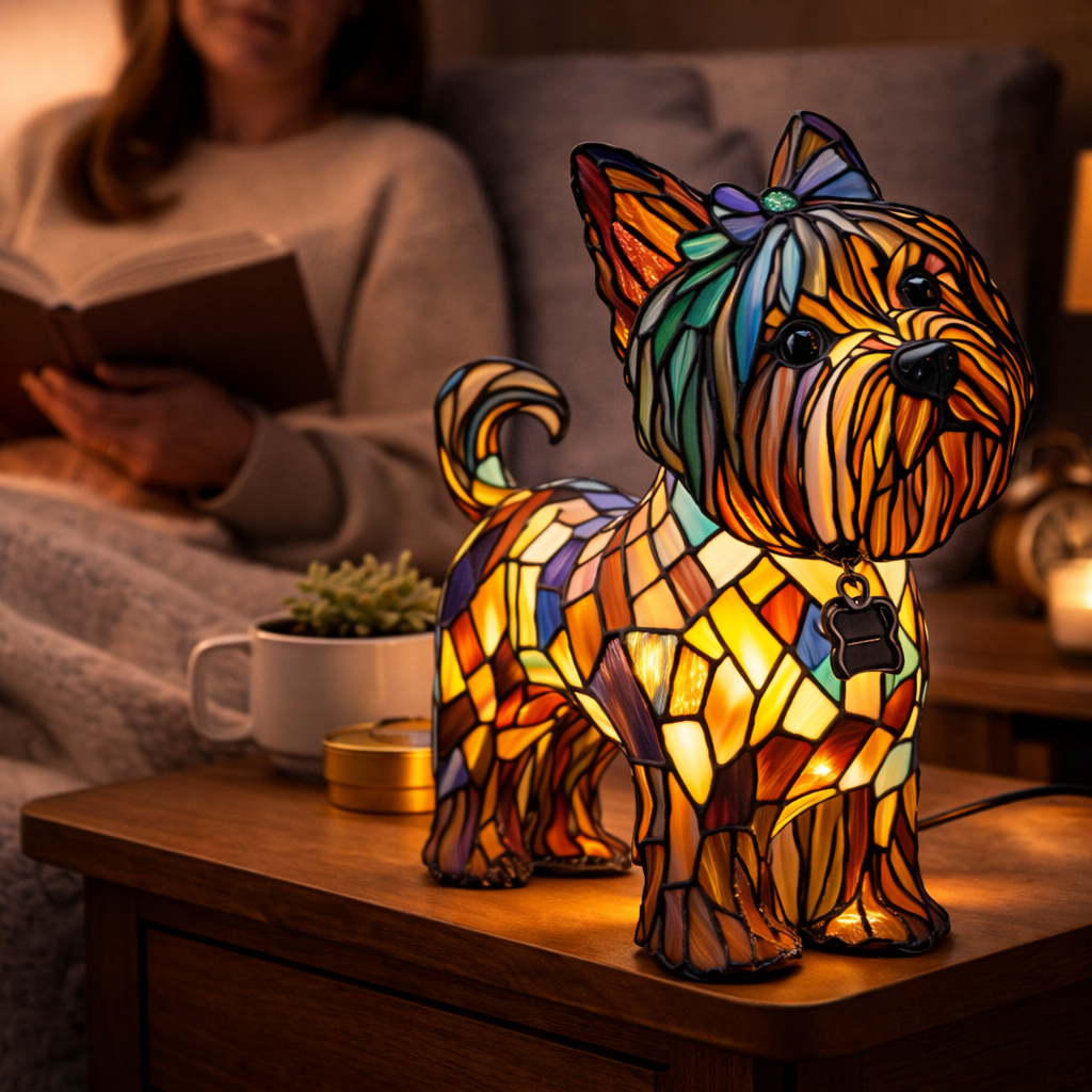 Colorful Stained-Glass Dog Table Lamp with LED Night Light