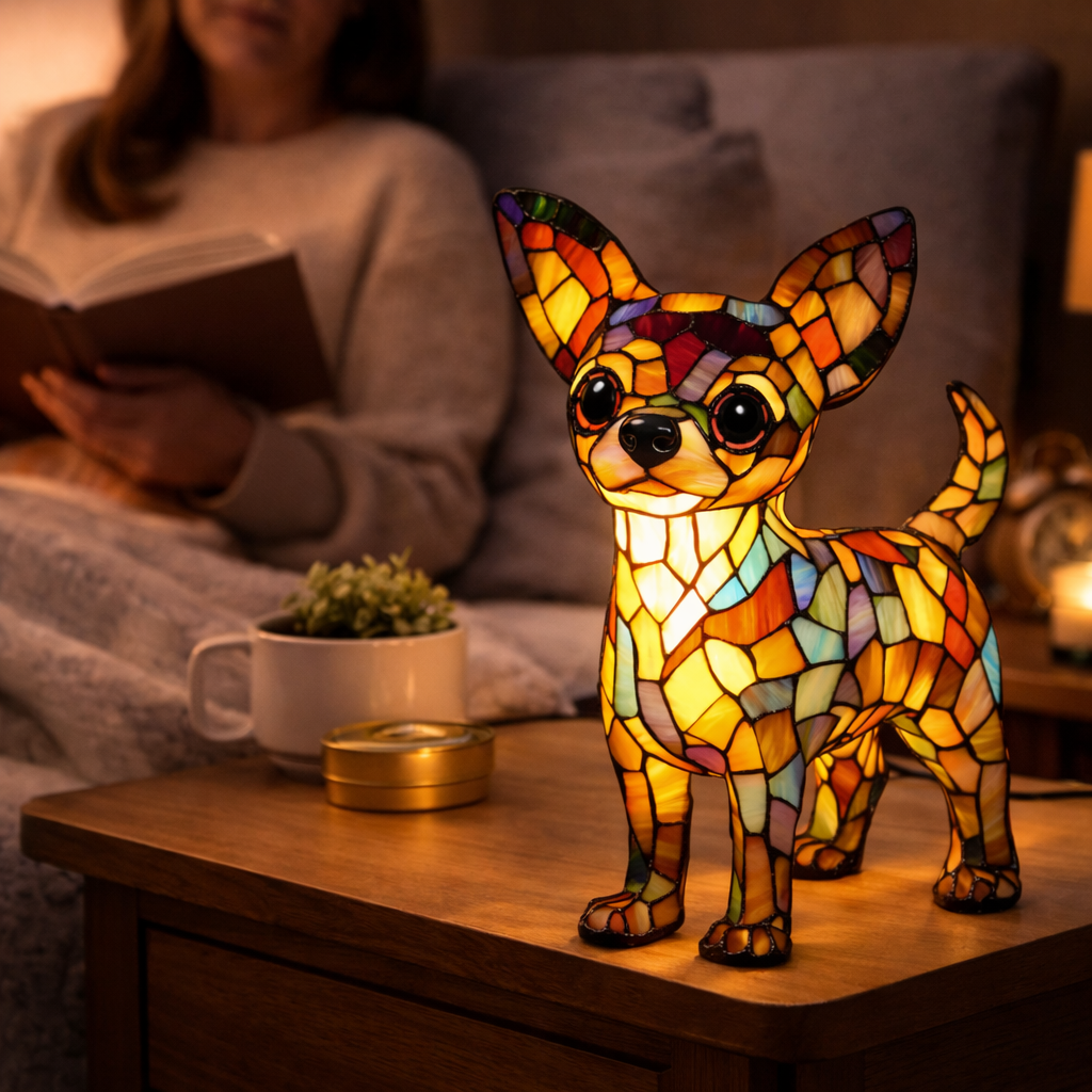 Colorful Stained-Glass Dog Table Lamp with LED Night Light