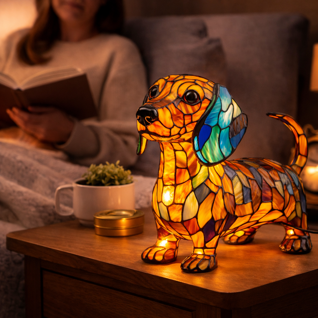 Colorful Stained-Glass Dog Table Lamp with LED Night Light