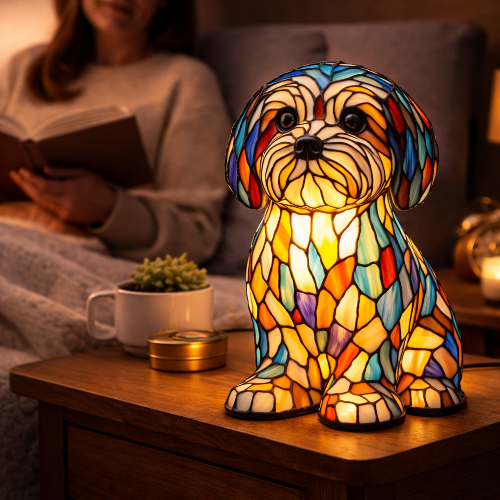 Colorful Stained-Glass Dog Table Lamp with LED Night Light