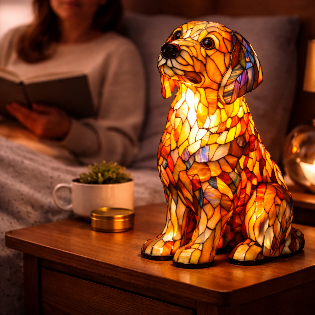 Colorful Stained-Glass Dog Table Lamp with LED Night Light