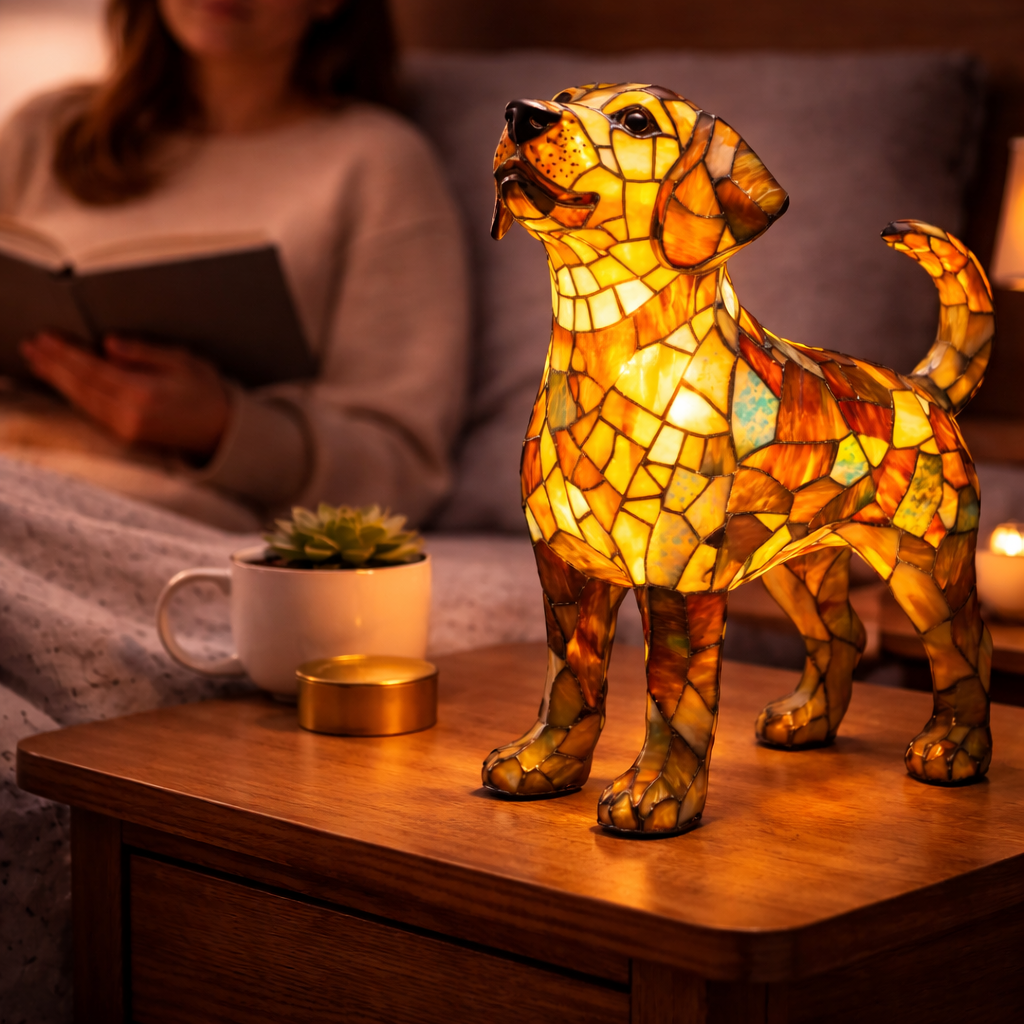 Colorful Stained-Glass Dog Table Lamp with LED Night Light
